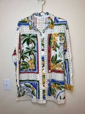 Farm Rio Tropical Destination Crochet Shirt Off White Medium NWT $248